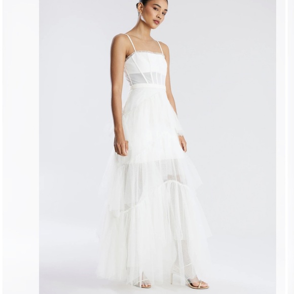 BCBGMAXAZRIA White Oly Tiered Ruffle Tulle Evening Gown - Picture 6 of 10